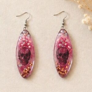 Handmade Resin Skull Earrings Pink Gothic Glitter Dangle Halloween